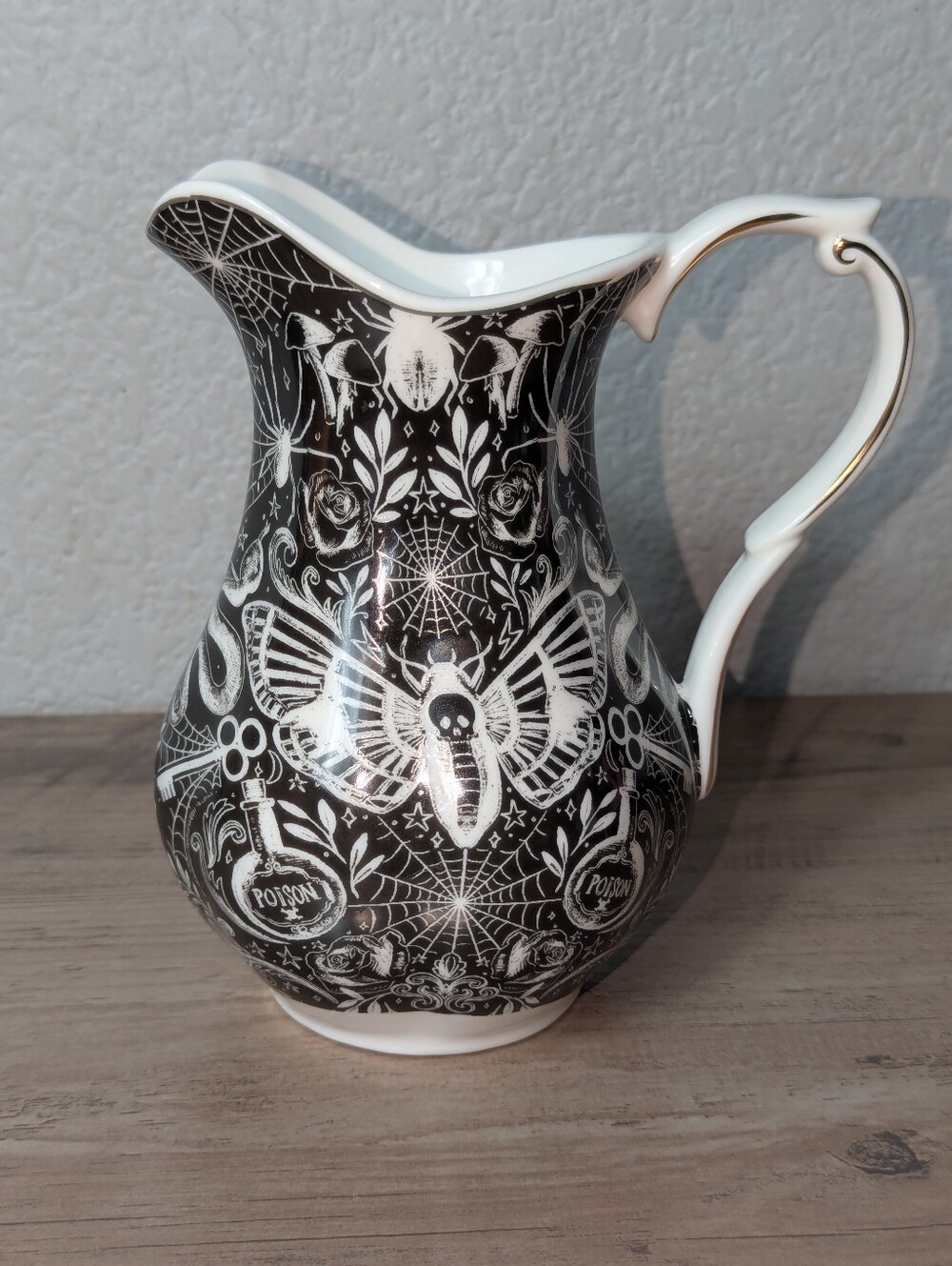 MONTEREY BAY Fine Porcelain Gothic Serving Pitcher With Moth Skull Design